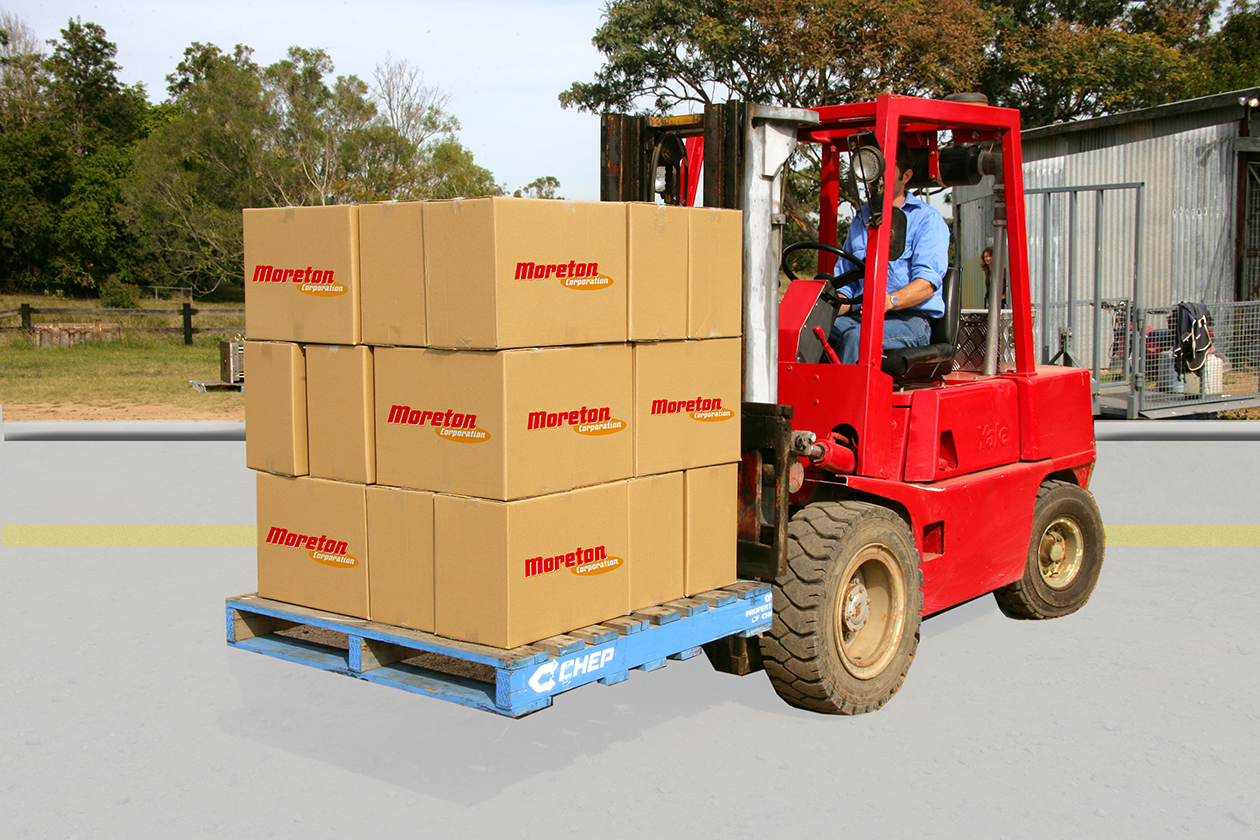 Moreton Corporation folk lift with distribution boxes for shipping
